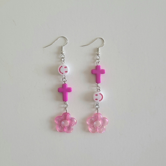 Hot Pink Flower Cross Earrings - Picture 1 of 5